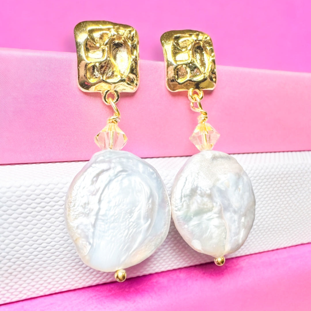 Francesca Gold Pearl Statement Earrings with Swarovski Crystals