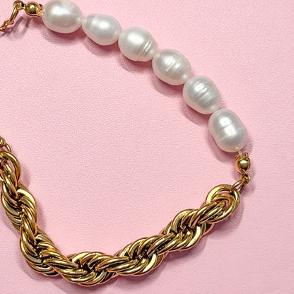 Gold Half Pearl Half Chain Bracelet