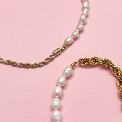 Gold Half Pearl Half Chain Necklace