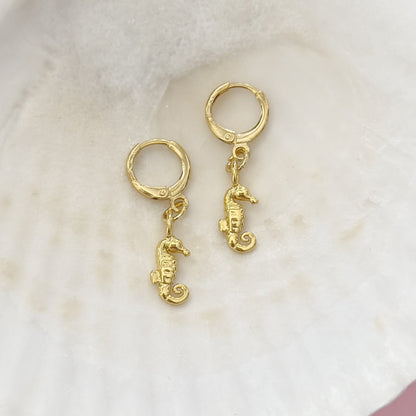 Barbados Seahorse Charm Gold Hoop Earrings