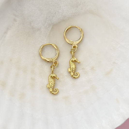 Barbados Seahorse Charm Gold Hoop Earrings