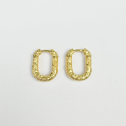Pair of gold hoop earrings on a light gray background