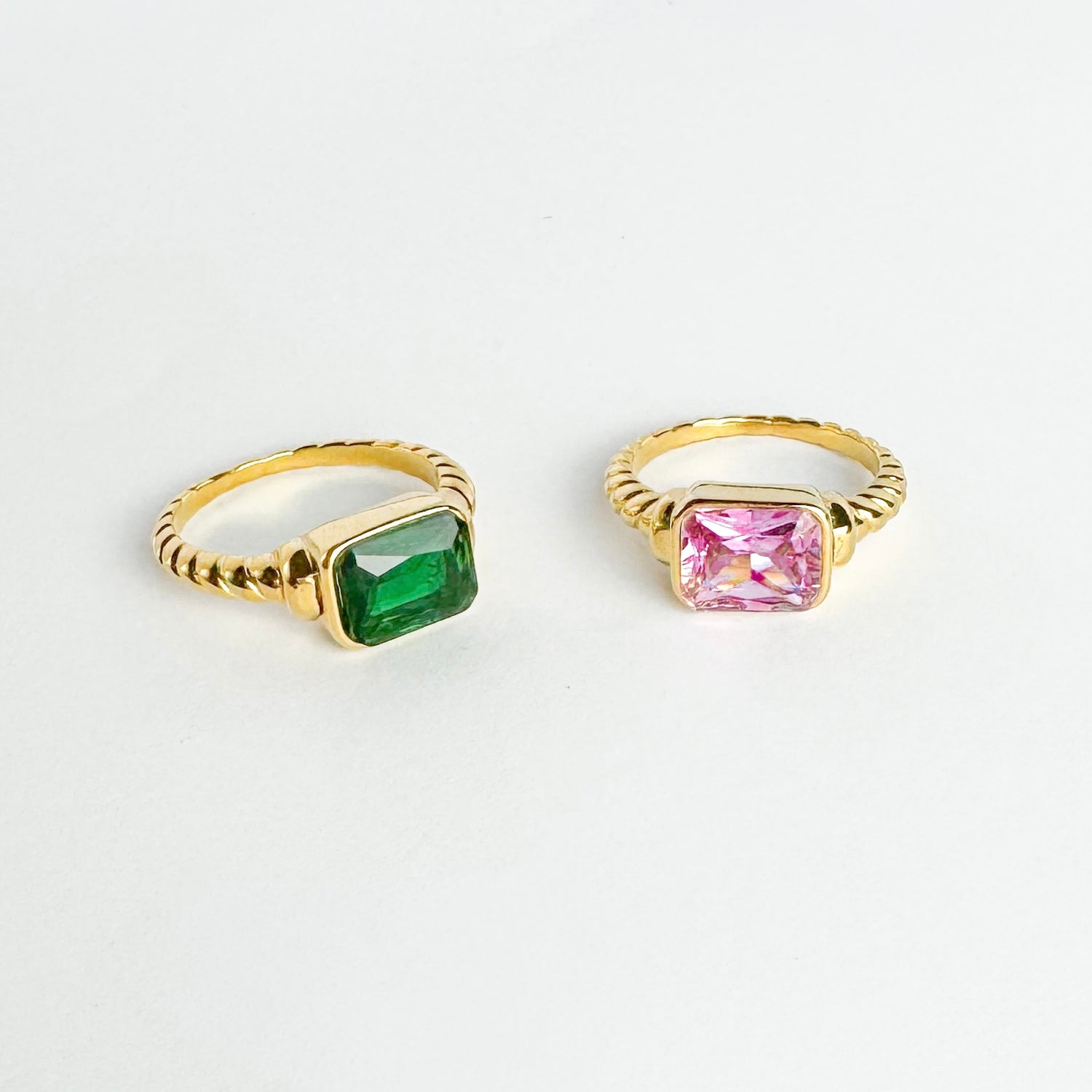 pink gemstone ring and green gemstone ring chunky gold