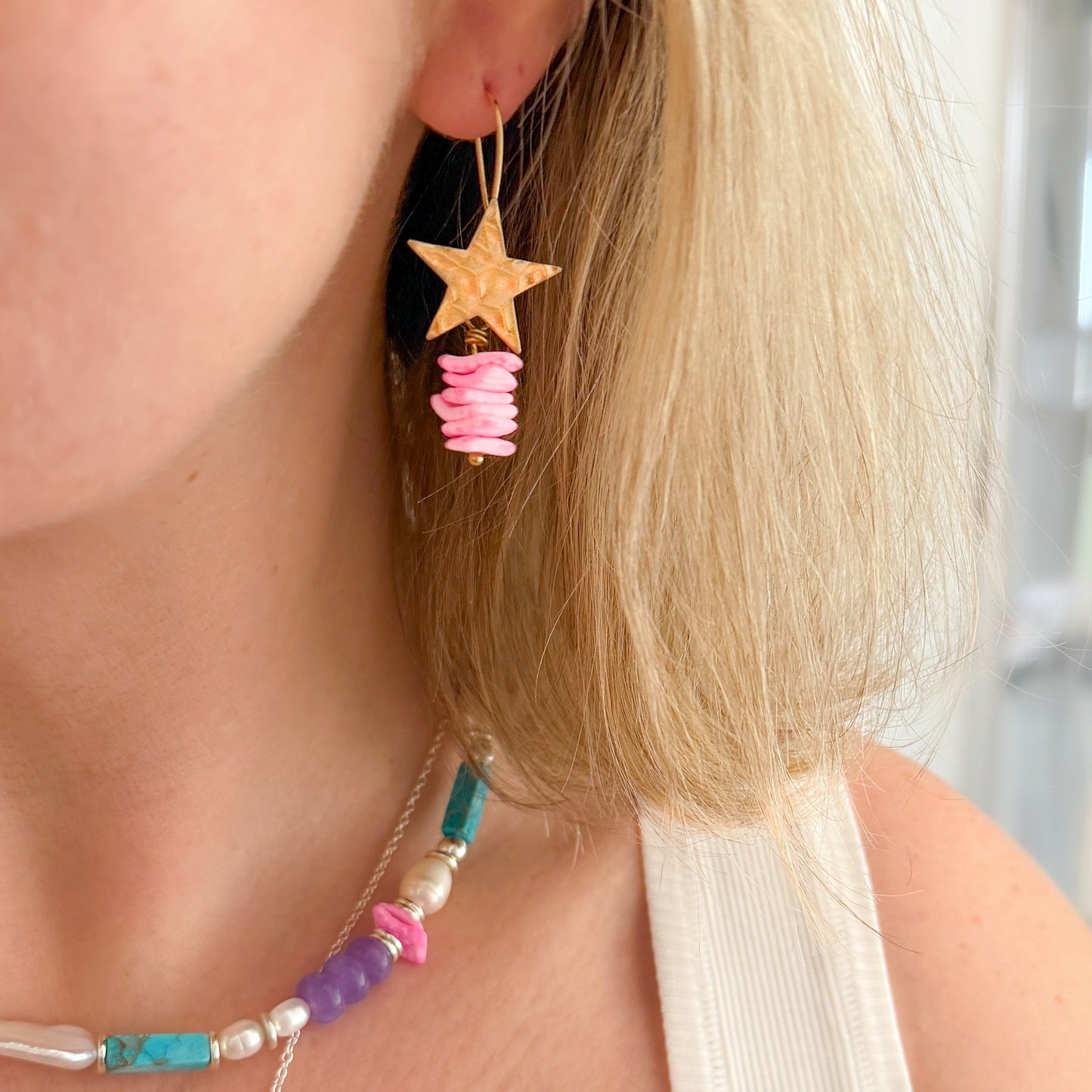 Island Pink Shell Gold Star Earrings