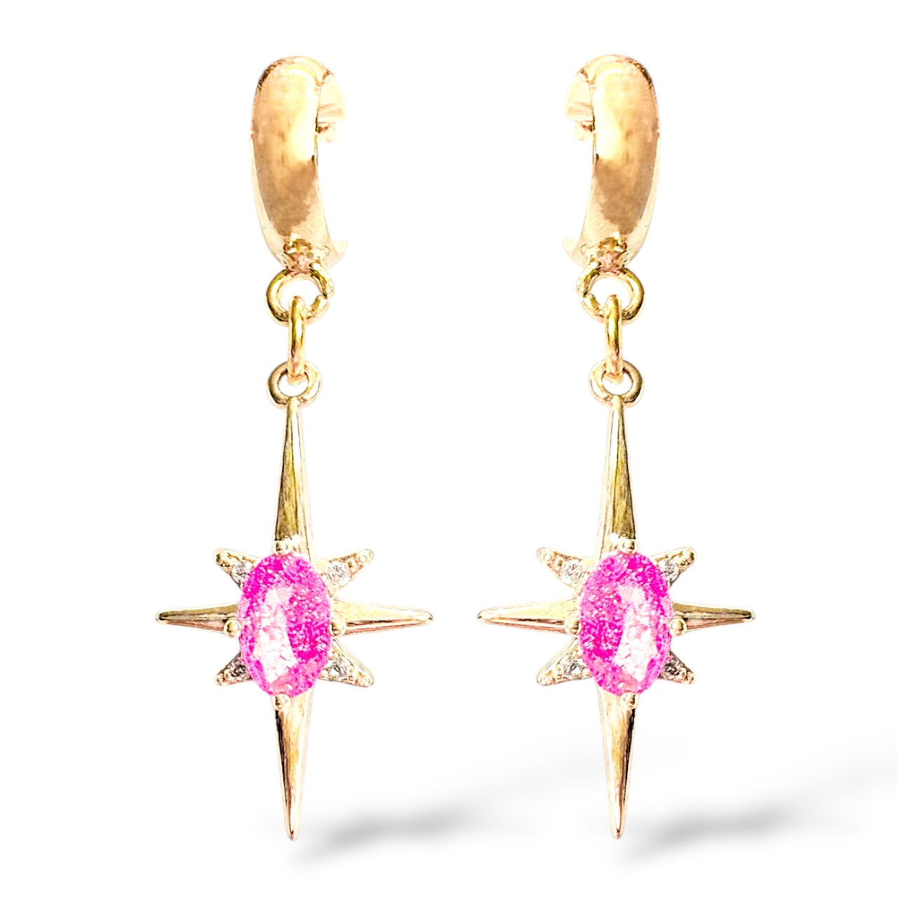 Jemima Pink Gemstone Star Charm Gold Earrings