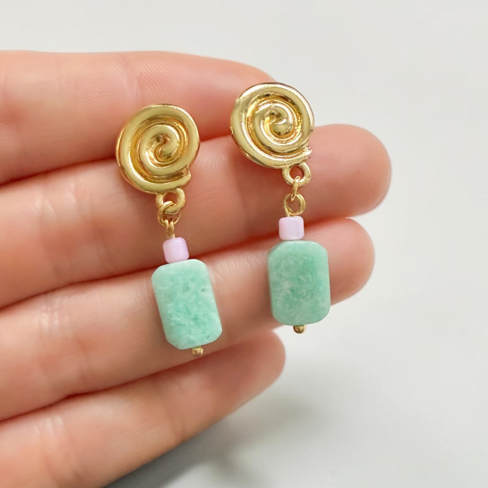 Laguna Amazonite Gemstone Gold Spiral Earrings