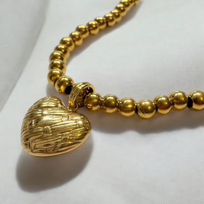 Laura Gold Bead Solid Heart Charm Stretch Bracelet | Adjustable