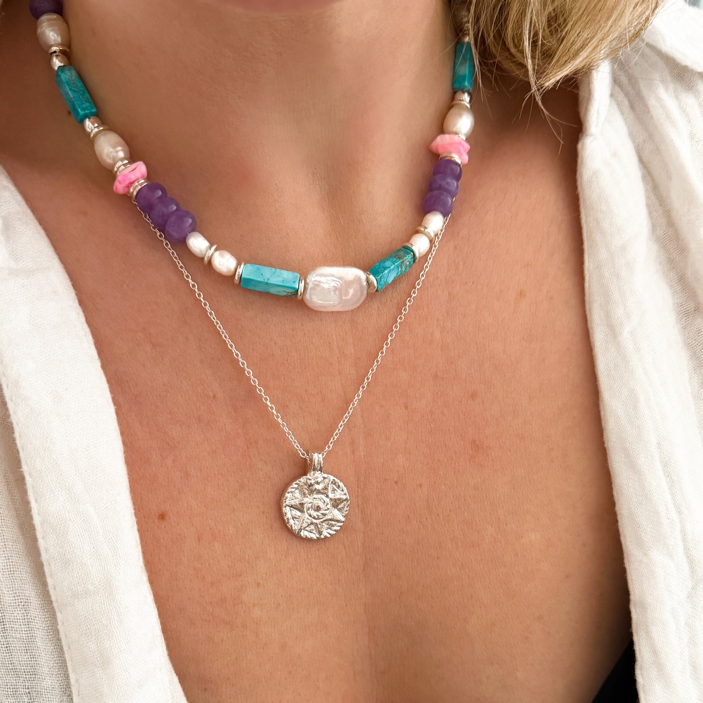 Lombok Silver Textured Sun Medallion Necklace