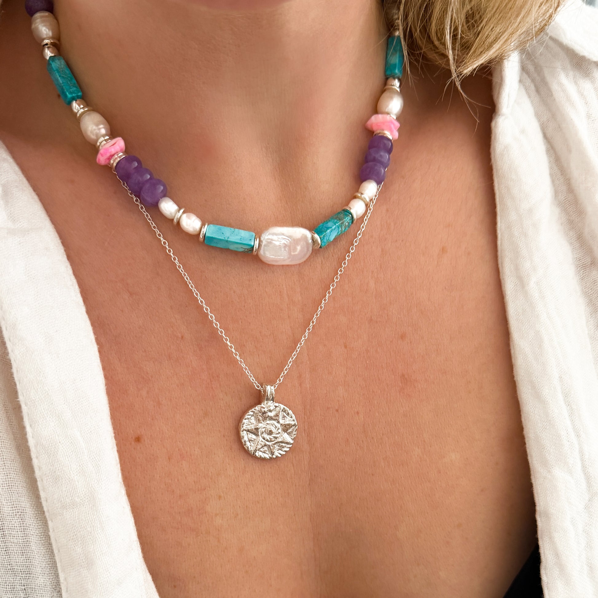 Lombok Silver Textured Sun Medallion Necklace