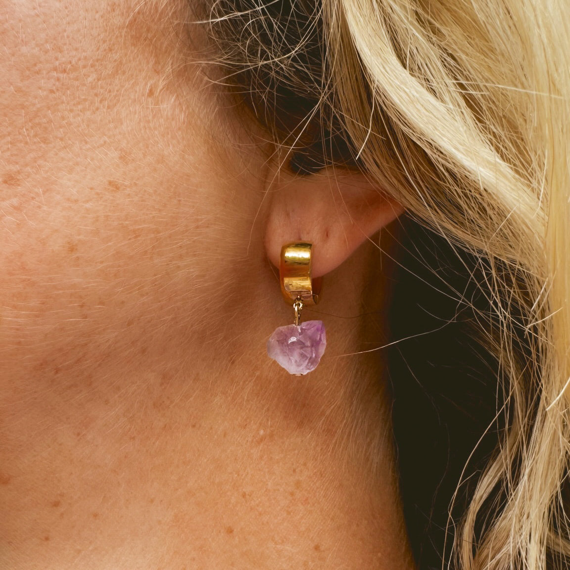 Malia Lilac Raw Amethyst Gemstone Gold Hoop Earrings