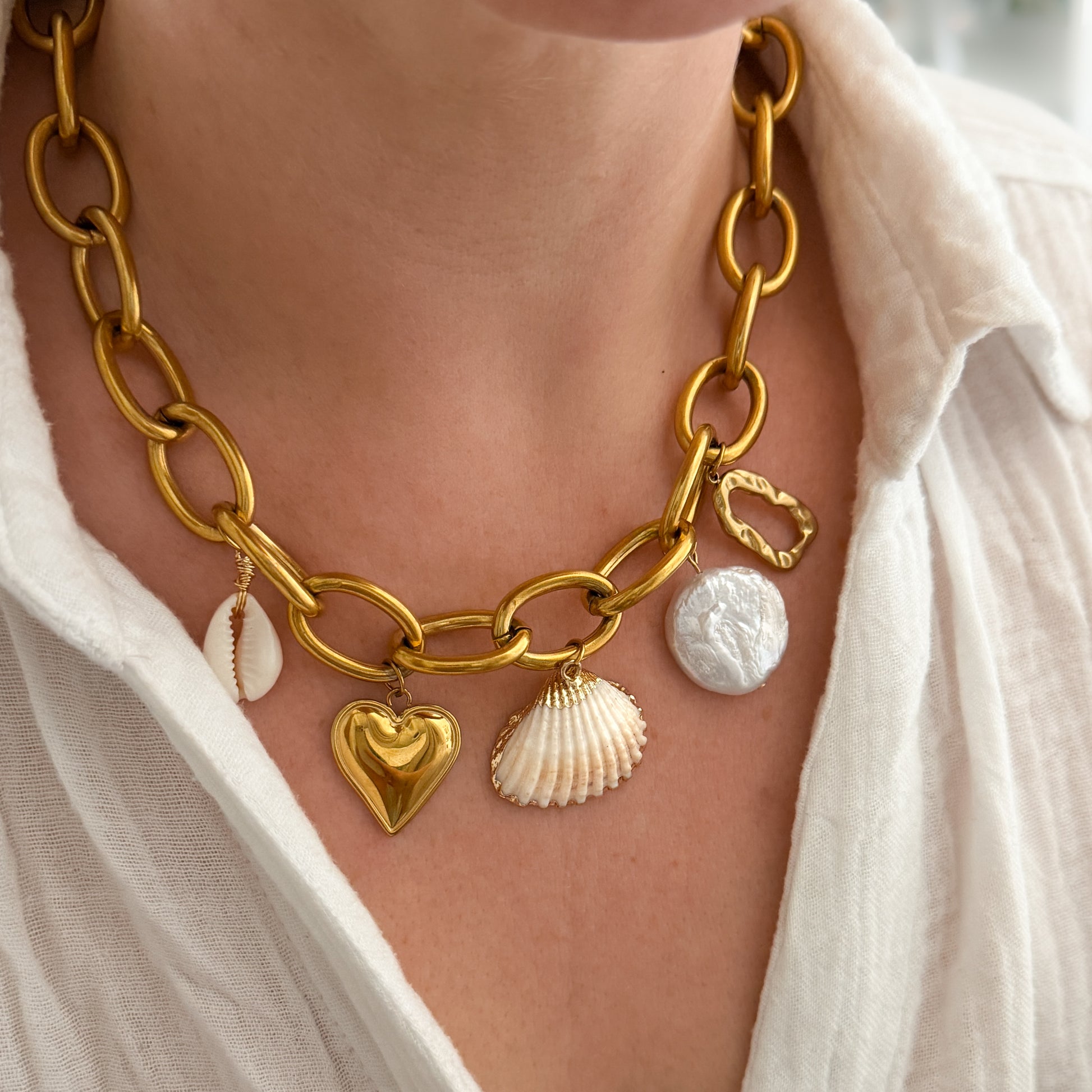 Marina Gold Chunky Pearl Coastal Charm Necklace