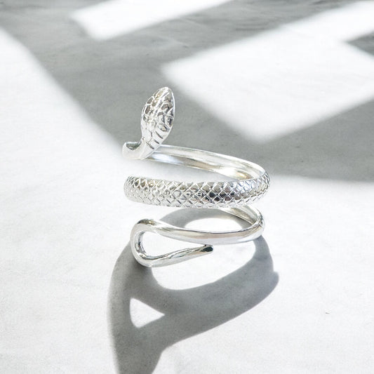 Maya Silver Textured Snake Ring | Adjustable