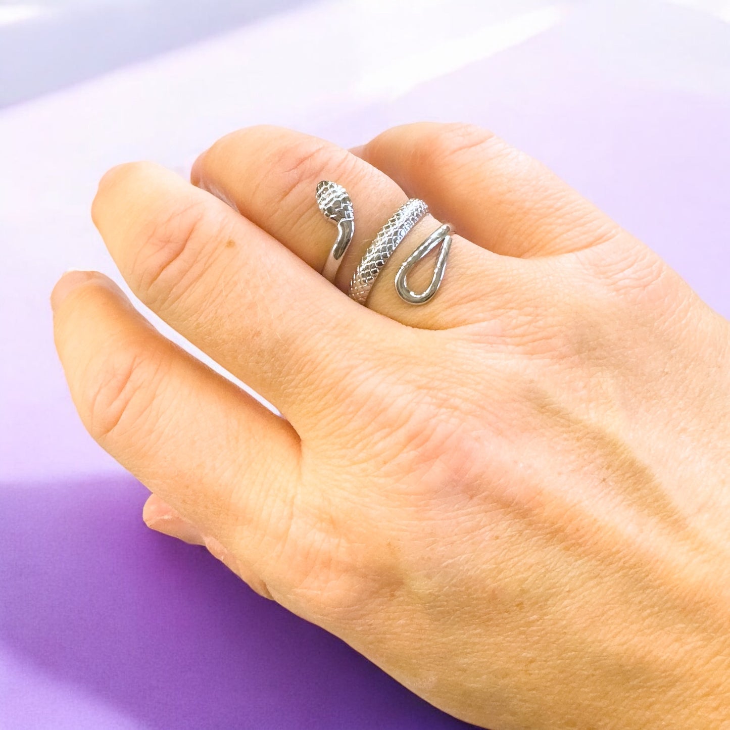 Maya Silver Textured Snake Ring | Adjustable