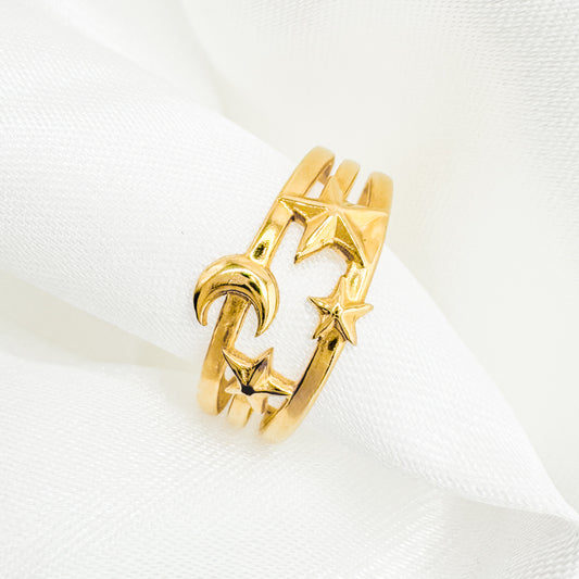 Nova Celestial Gold Triple Band Moon and Star Ring | Adjustable