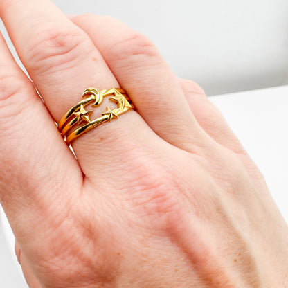 Nova Celestial Gold Triple Band Moon and Star Ring | Adjustable