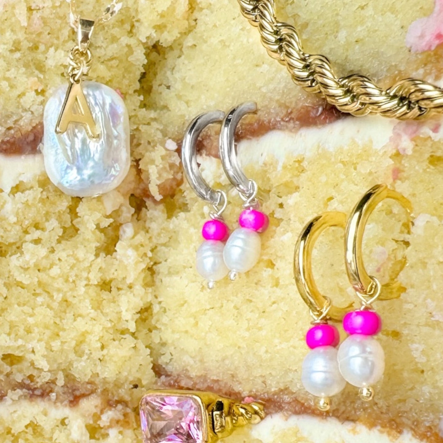 Rose Mini Pearl Gold Huggie Hoops with Removable Charms