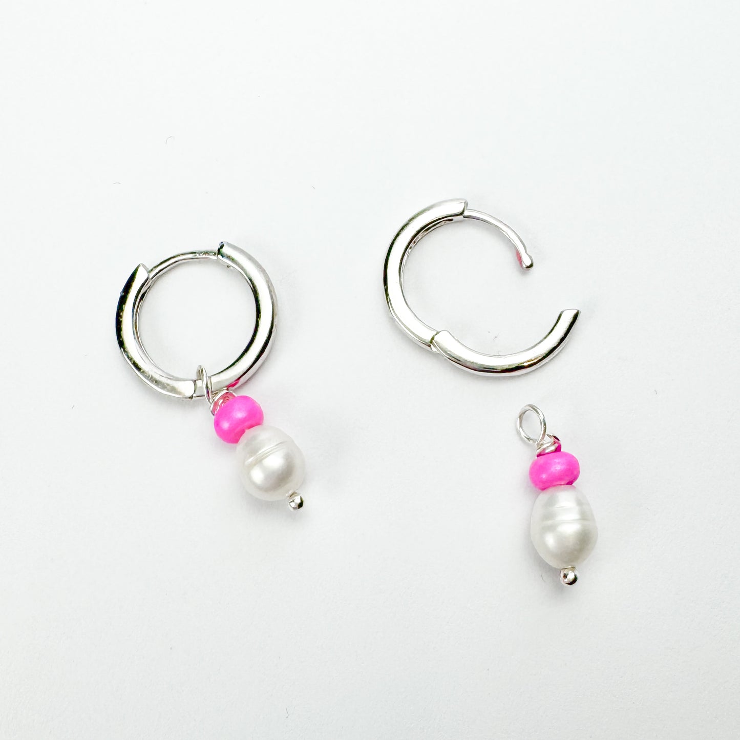 Rose Mini Pearl Sterling Silver Huggie Hoops with Removable Charms