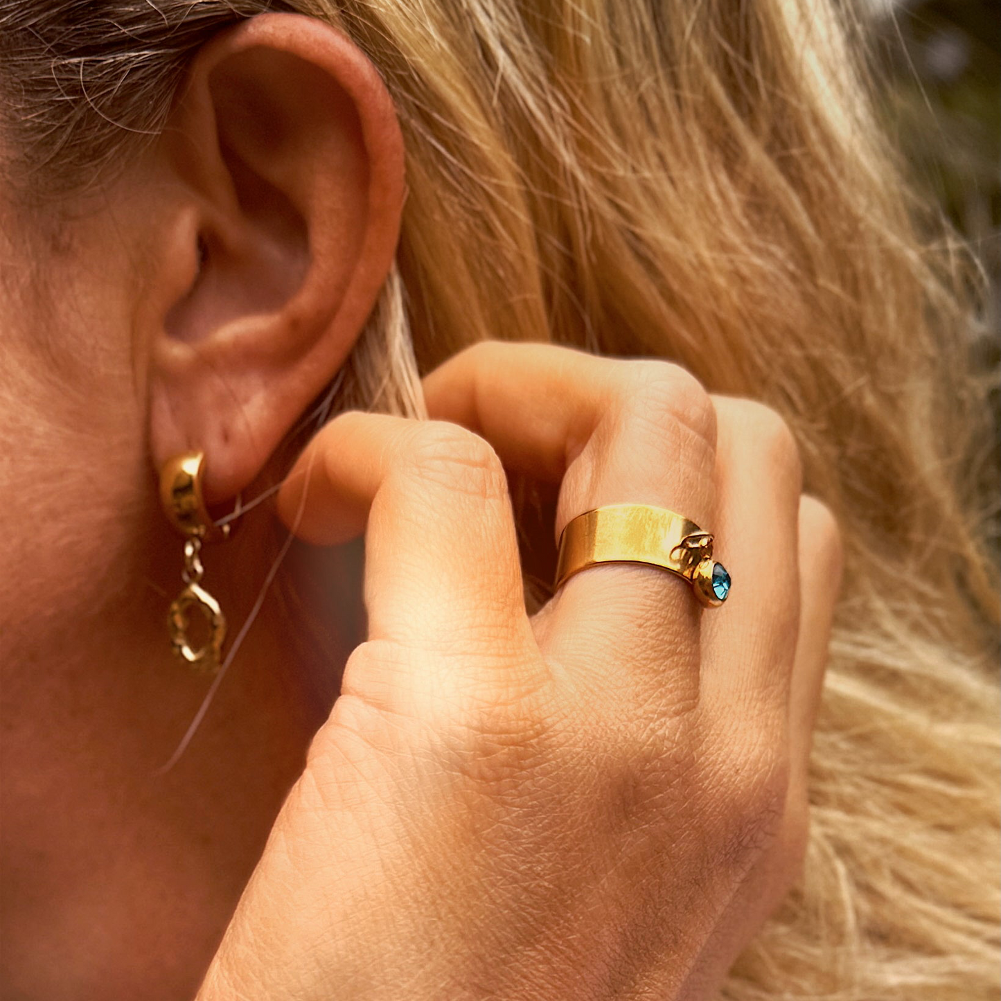 Vera Aqua Gemstone Gold Charm Ring | Adjustable
