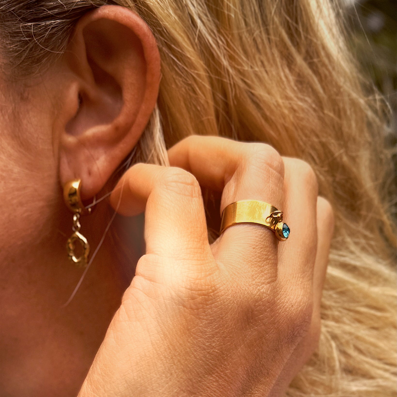 Vera Aqua Gemstone Gold Charm Ring | Adjustable