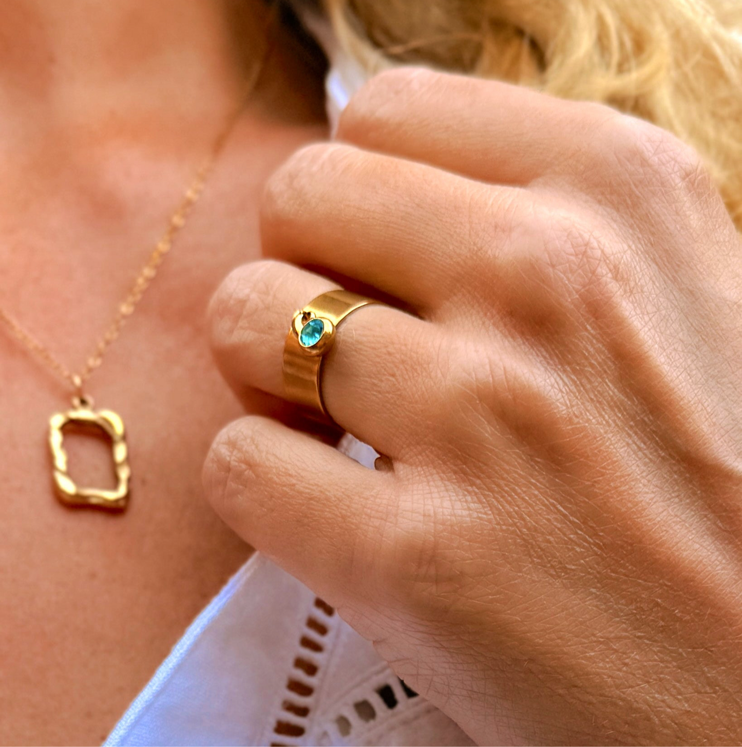 Vera Aqua Gemstone Gold Charm Ring | Adjustable