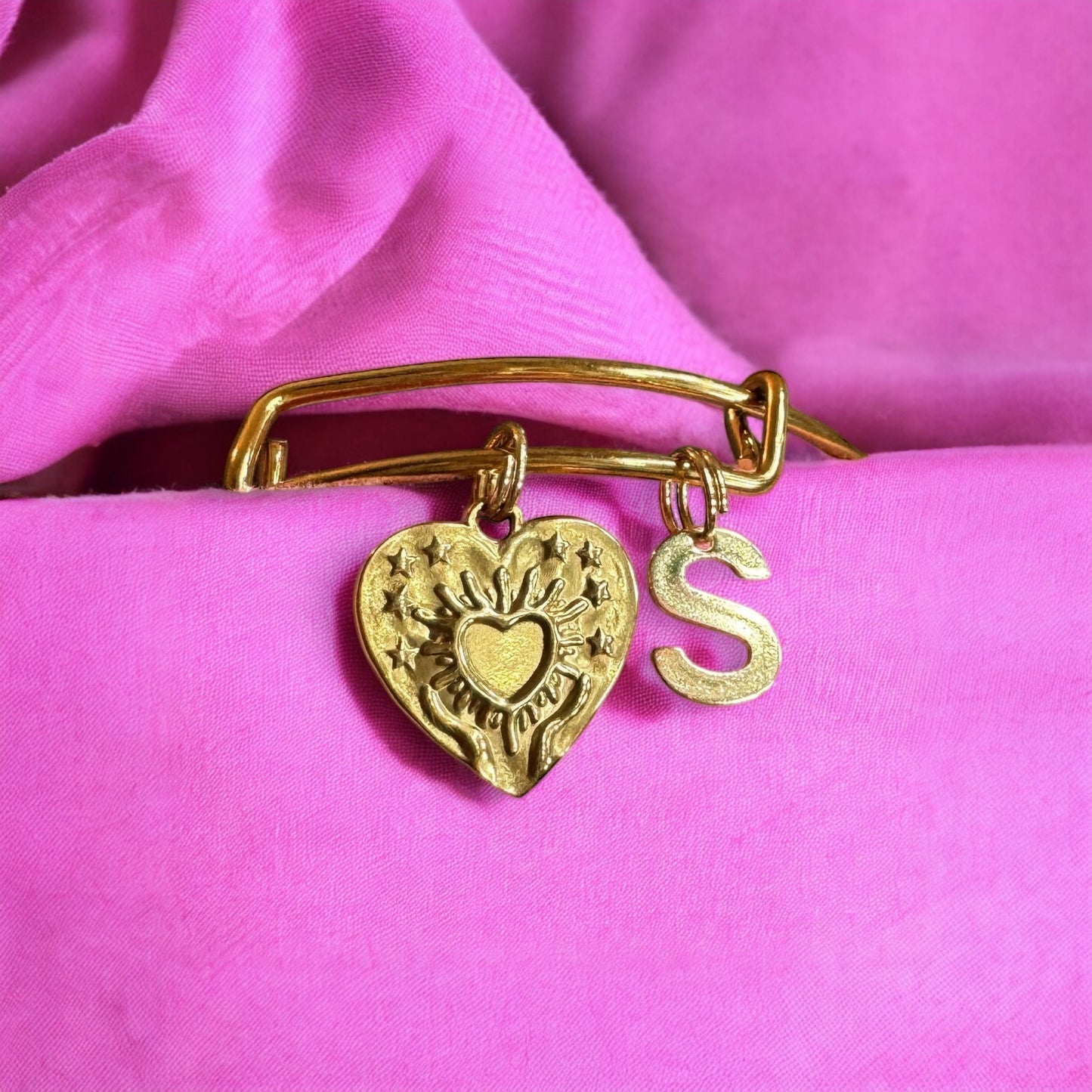 Willow Gold Heart Charm Bangle | Choose Your Initial | Adjustable Bracelet