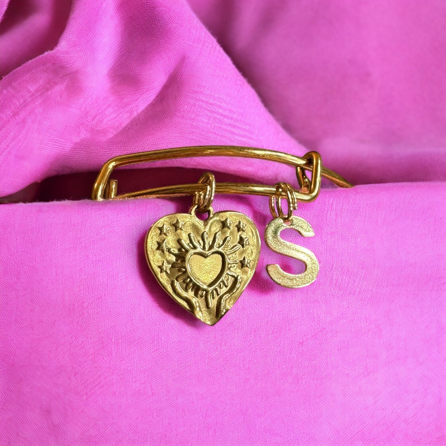 Willow Gold Heart Charm Bangle | Choose Your Initial | Adjustable Bracelet
