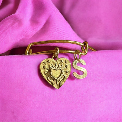 Willow Gold Heart Charm Bangle | Choose Your Initial | Adjustable Bracelet