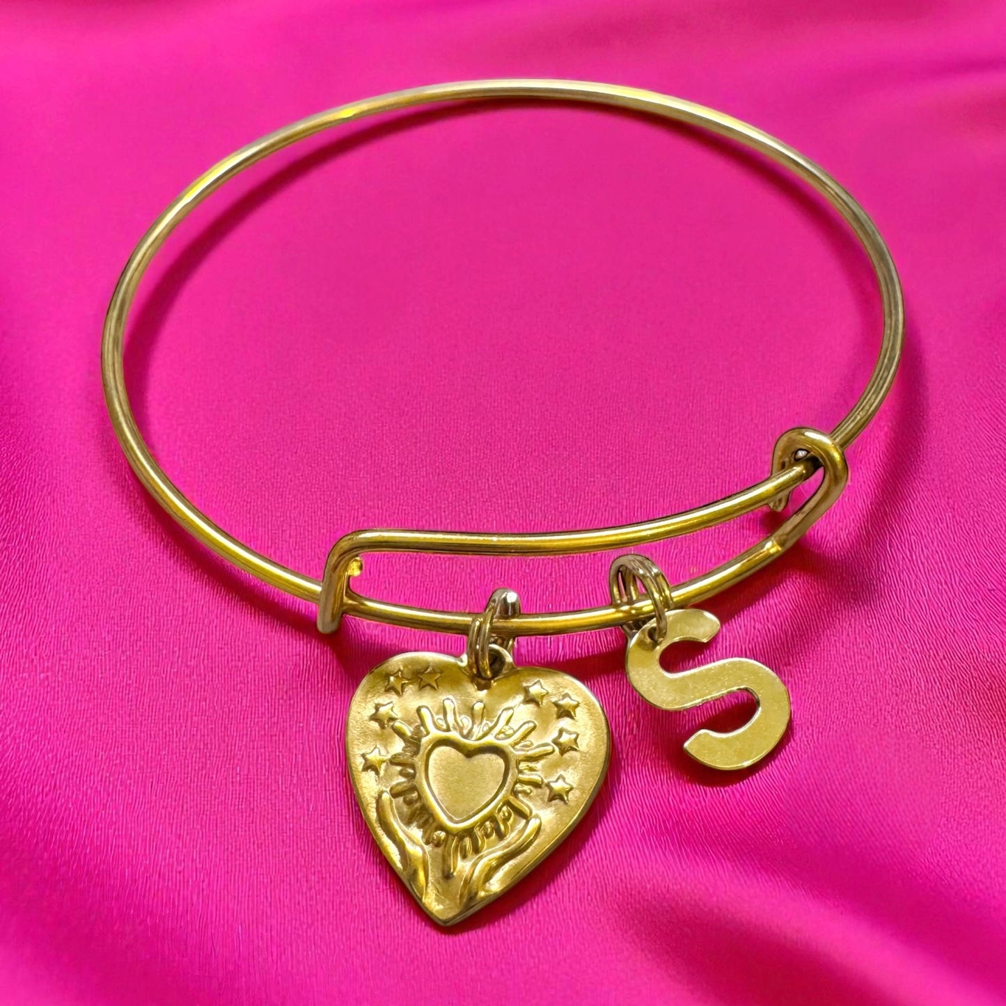 Willow Gold Heart Charm Bangle | Choose Your Initial | Adjustable Bracelet