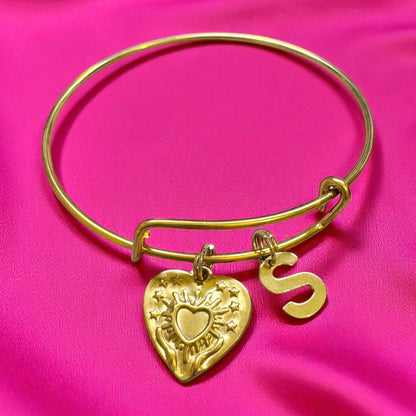 Willow Gold Heart Charm Bangle | Choose Your Initial | Adjustable Bracelet