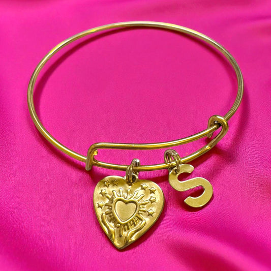 Willow Gold Heart Charm Bangle | Choose Your Initial | Adjustable Bracelet