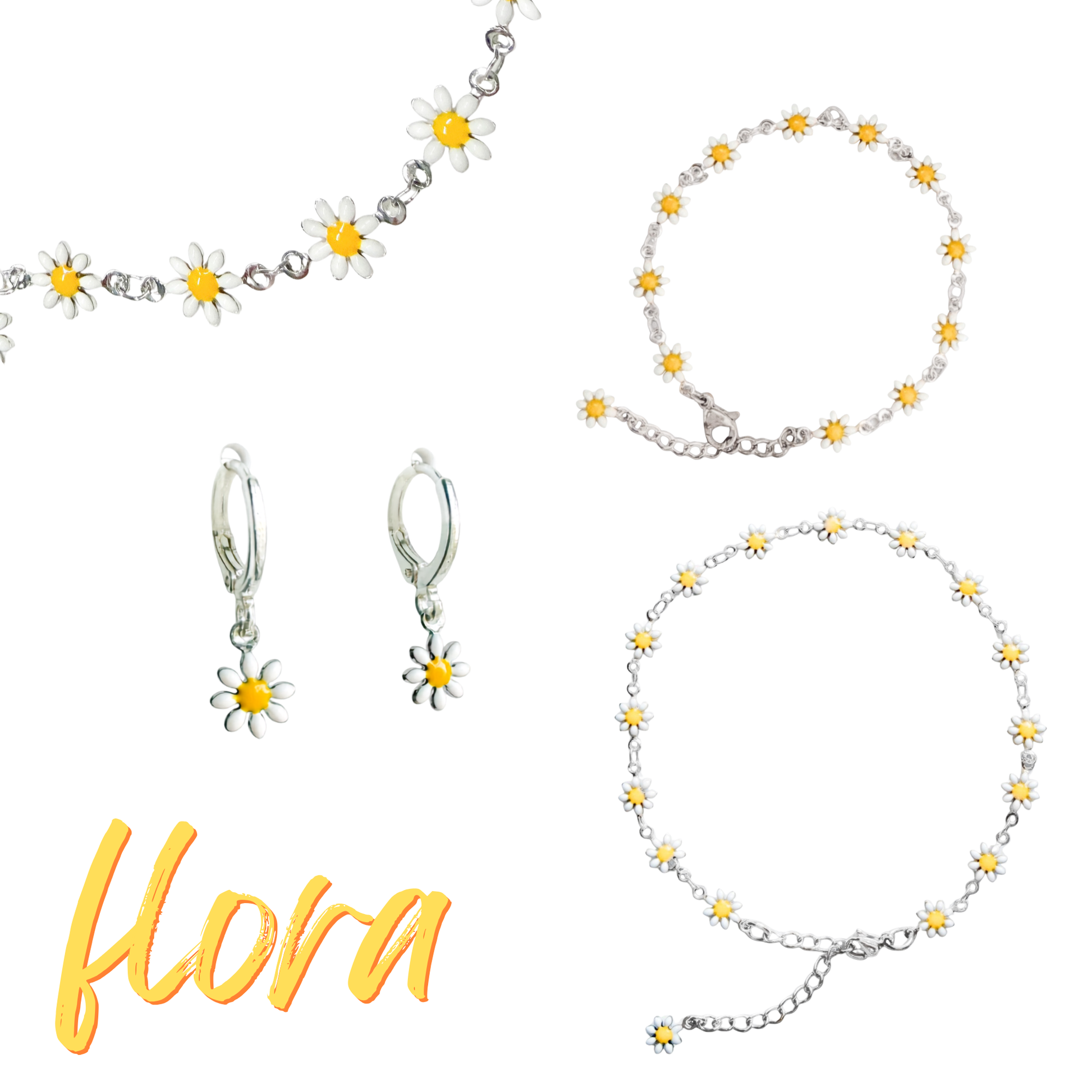 The Flora Silver Jewellery Bundle | Daisy Chain Necklace, Bracelet, Anklet + Earrings