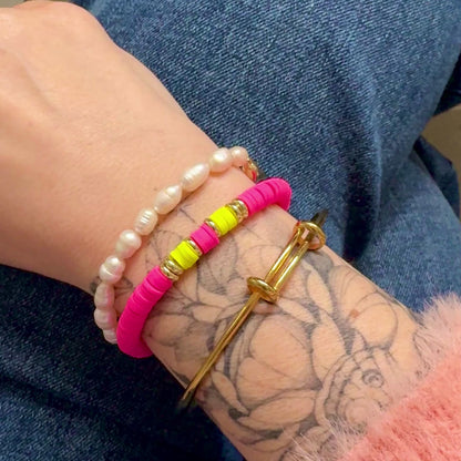 Neon Pink and Yellow Heishi Bead Stetch Beacelet | Adjustable Fit