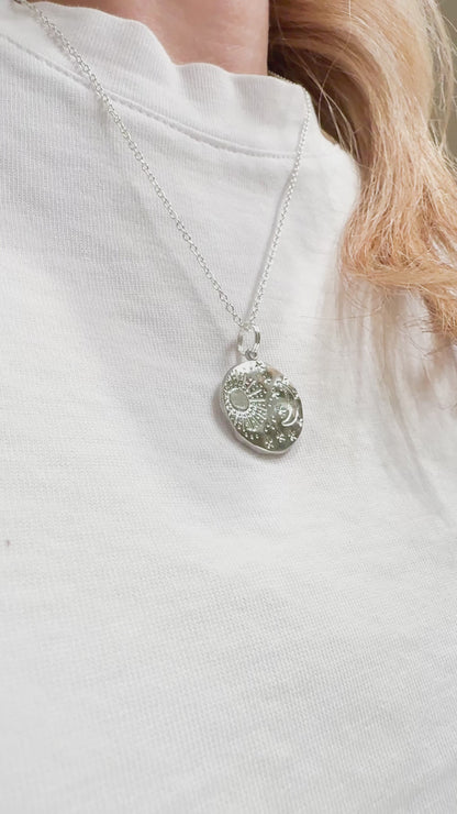 Luna Silver Sun & Moon Engraved Pendant Necklace