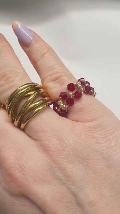 Deep Red Crystal Bead Ring