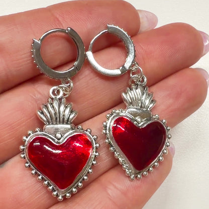 Clarissa Red Heart Silver Hoop Earrings