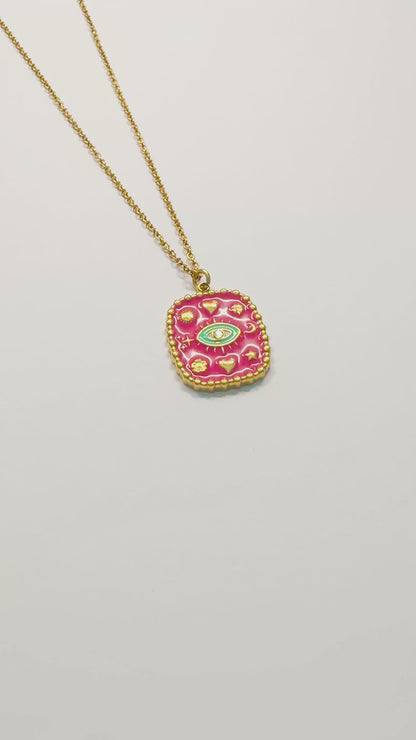 Cecilia Hot Pink Enamel Gold Pendant Necklace