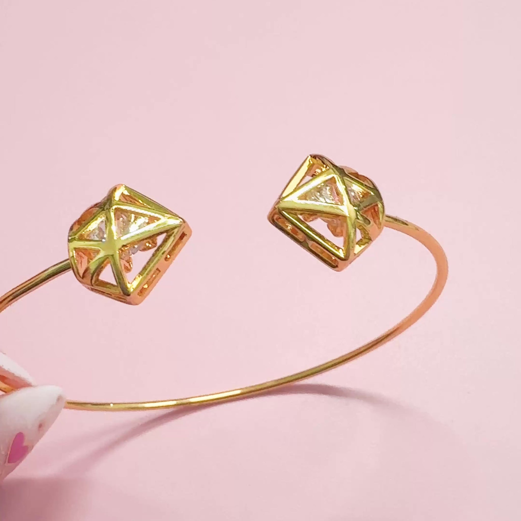 gold diamond shape detail bangle, adjustable bracelet, 18k gold plated