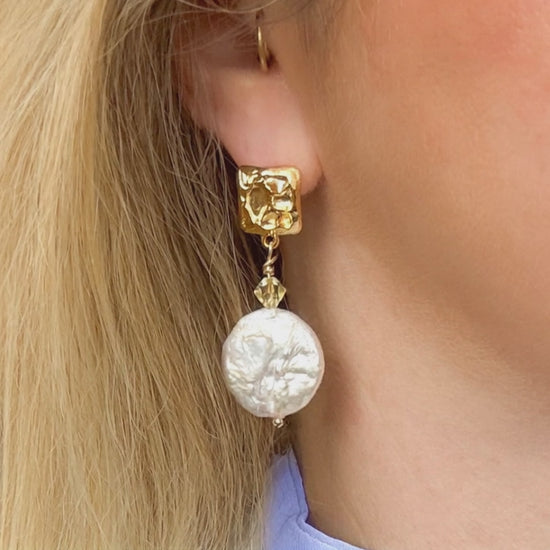 Francesca Gold Pearl Statement Earrings with Swarovski Crystals.