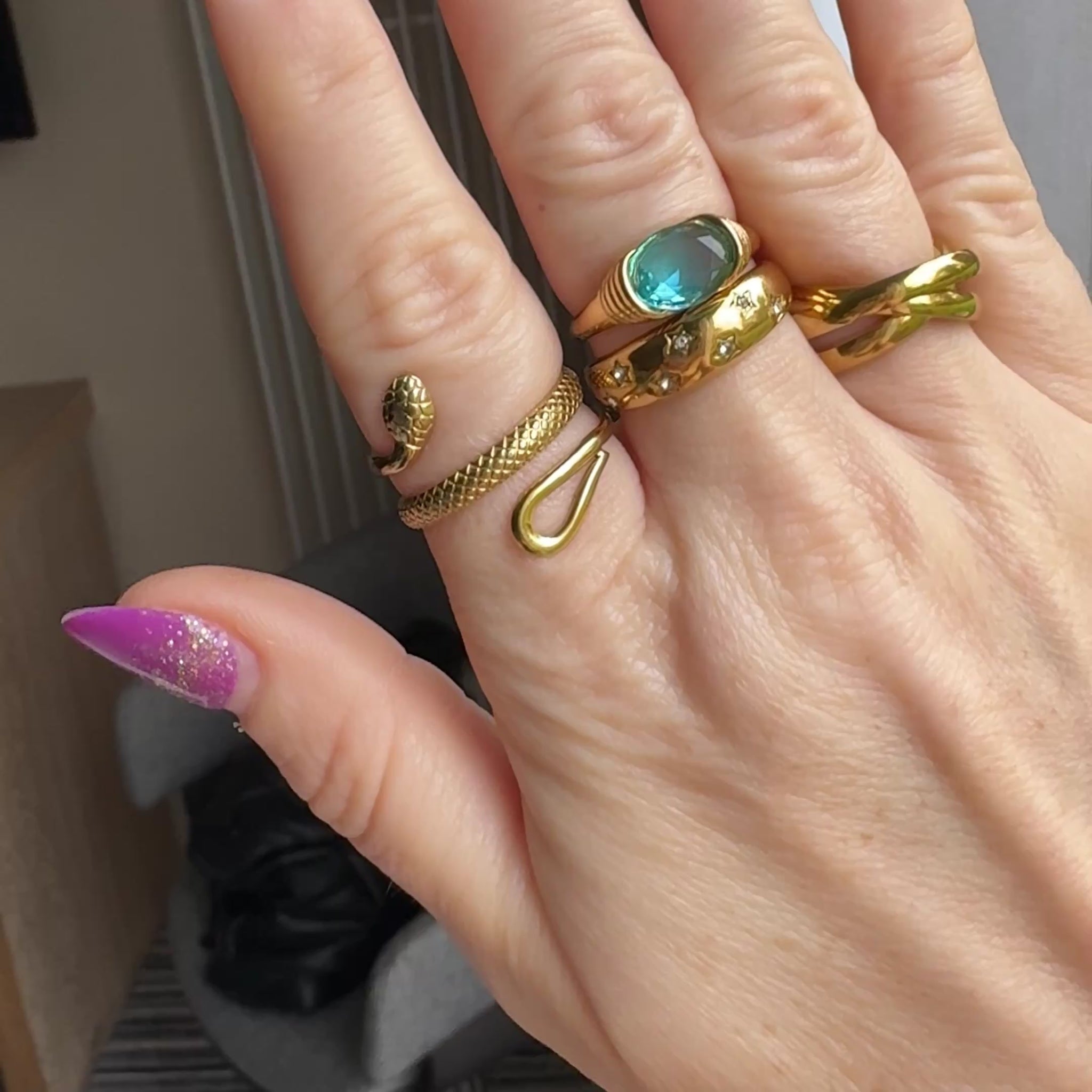 Gold ring with blue stone, snake ring, cz gemstone ring
