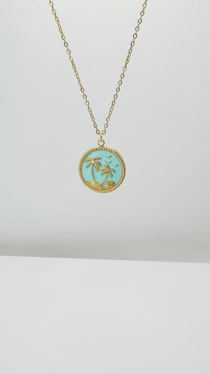 Alba Gold Palm Tree Pendant Necklace | Aqua Blue